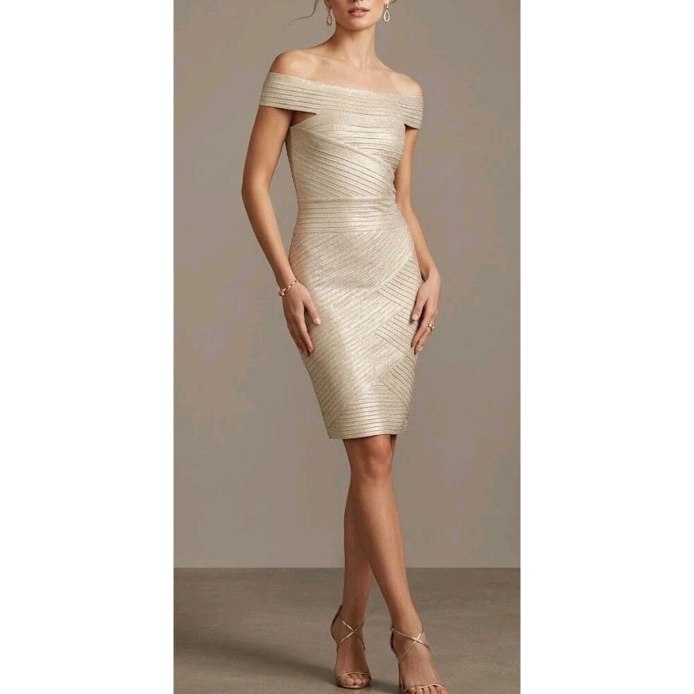 Pierre Balmain Off the Shoulder Metallic Gold Bandage Dress 4 S